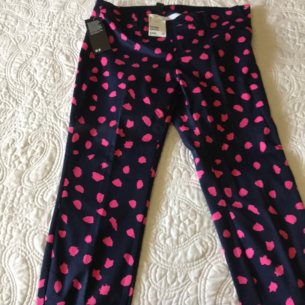 Pink and navy splotched ankle pants for work